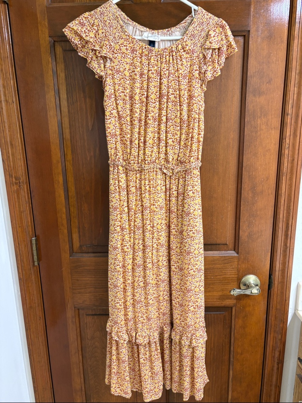 Yellow Floral Midi Dress with Ruffle Sleeves